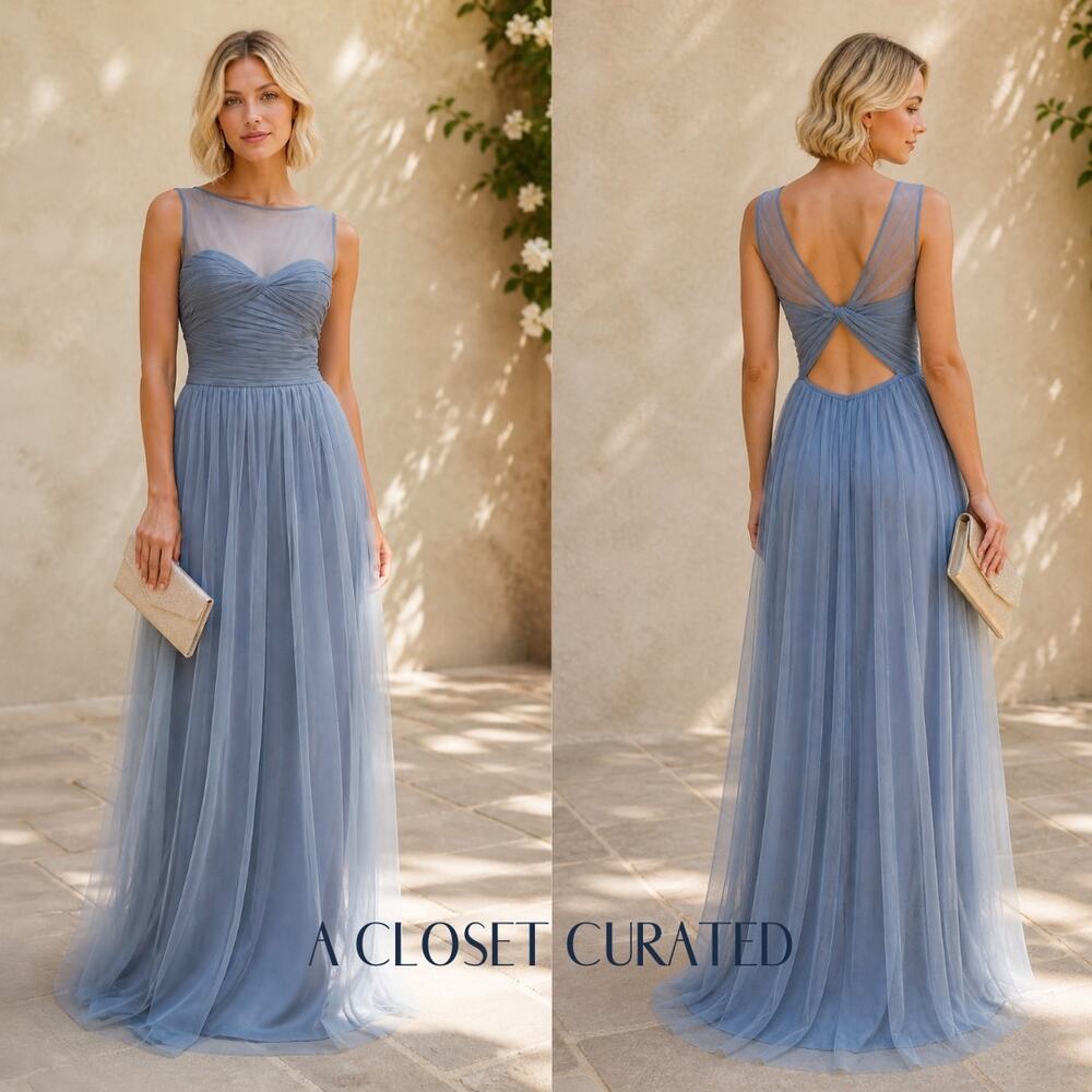 Amsale Tulle Illusion Open Back Maxi Dress 12 Blue